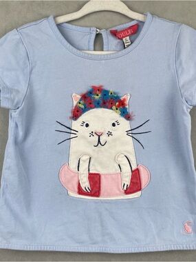 Joules Light Blue Short Sleeve Tee with Cat Applique and Floral Crown